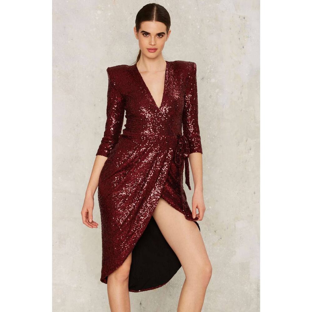 Zhivago Burgundy Sequin Kinsey Wrap Dress Women’s Size 8 Party Cocktail Evening